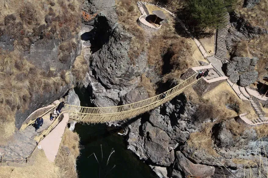 Aerial view of Qeswachaka Inca Rope Bridge, the last handwoven Inca suspension bridge in Cusco, Peru.