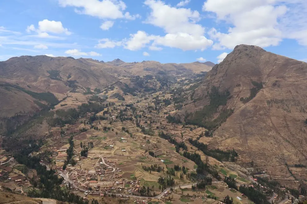 Panoramic view of the Sacred Valley from Ollantaytambo in Cusco, Peru.