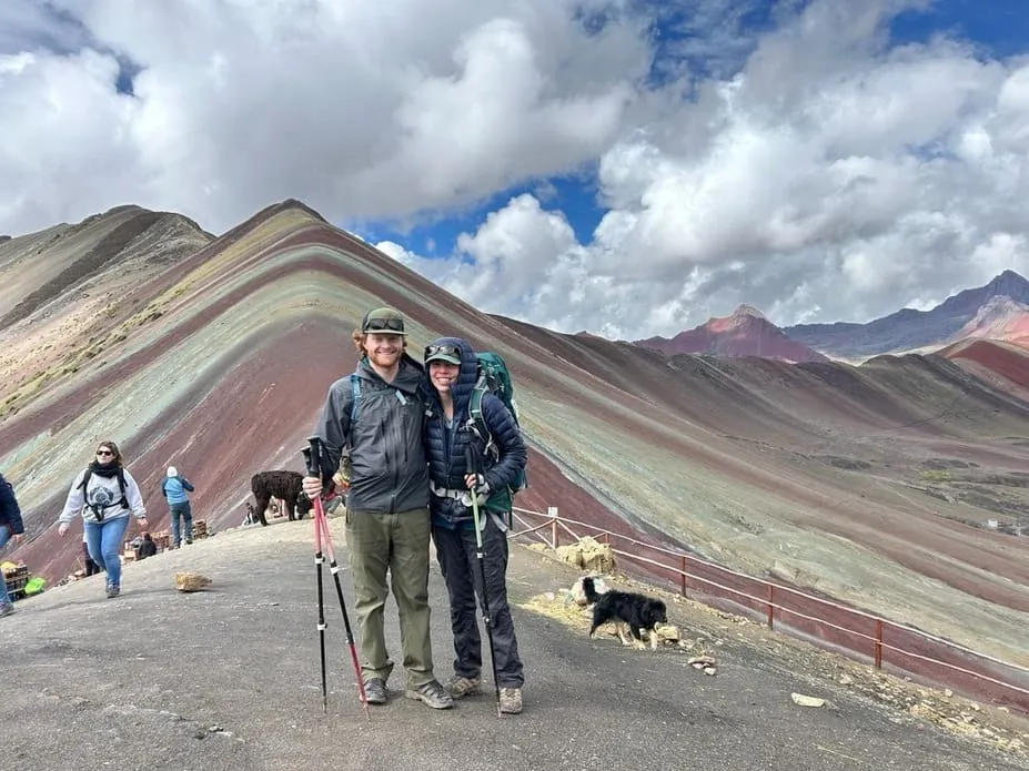 Hikers at the summit of Rainbow Mountain Vinicunca on a 1-day tour from Cusco, Peru.