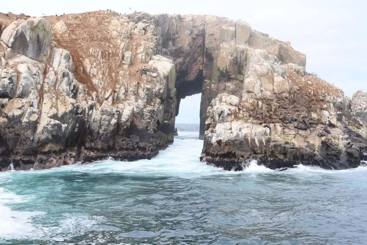 Natural rock arch formation at Palomino Islands in Lima Peru