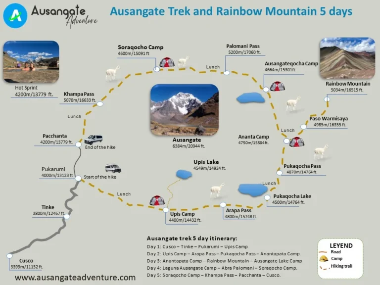 Map of the Ausangate Trek and Rainbow Mountain 5-day route with camps and highlights.