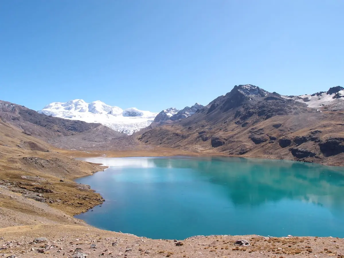 Panoramic view of Sibinacocha Lake in the Ausangate mountain range of Peru
